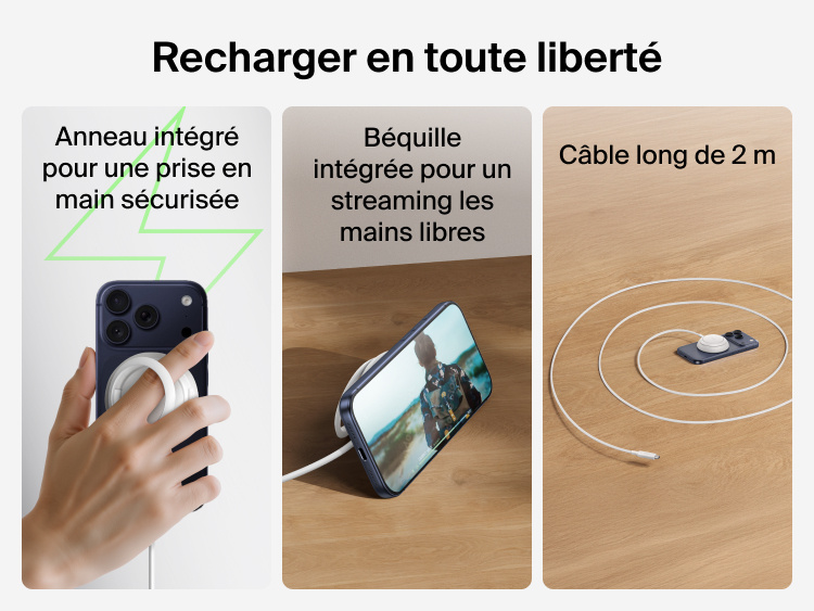 Image du chargeur magn&eacute;tique Qi2 25&nbsp;W Belkin UltraCharge avec sa boucle d'attache, sa b&eacute;quille int&eacute;gr&eacute;e et son c&acirc;ble de 2&nbsp;m qui permettent une recharge flexible, les mains libres.