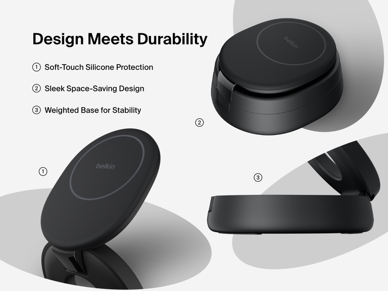 Belkin BoostCharge 2-in-1 Convertible Magnetic Charging Stand with Qi2 15W features soft-touch silicone, a space-saving foldable design, and a weighted base for added stability.