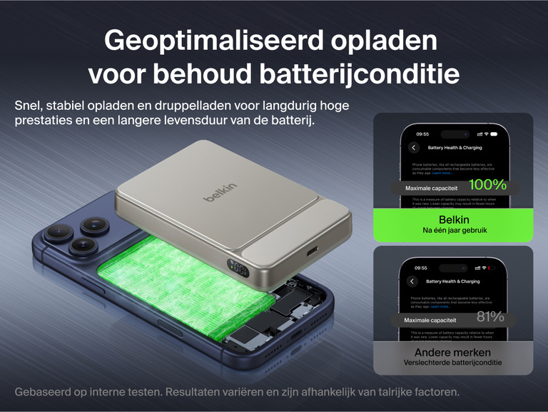 Belkin UltraCharge Slim Magnetic Power Bank 10K highlighting dual chip system, advanced temperature sensors, and real-time monitoring for enhanced charging safety and protection