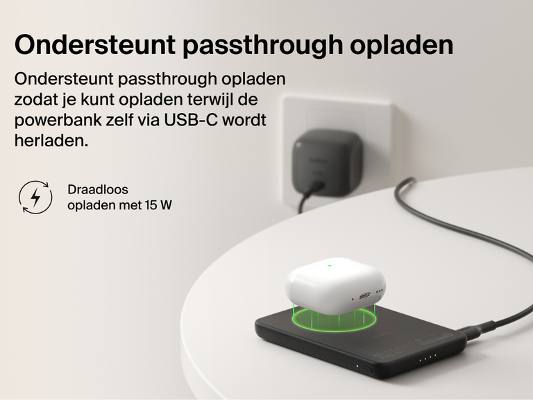 Belkin BoostCharge Slim Magnetic Power Bank 5K with Qi2 demonstrating pass-through charging, wirelessly powering a device while the power bank recharges via USB-C.