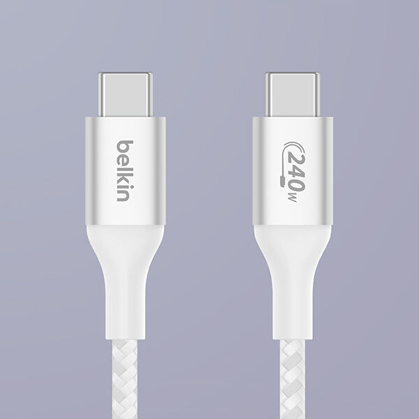 Close-up of a braided white Belkin USB-C to USB-C cable with metallic connectors, one labeled with the Belkin logo and the other marked '240W' indicating high power delivery capability.