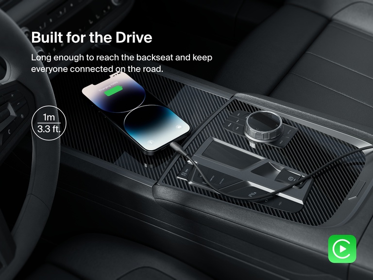 Belkin BoostCharge USB-C to USB-C Cable 240W in a car setup with a 1.5m length, enabling easy device access and seamless Apple CarPlay and Android Auto connectivity while charging.
