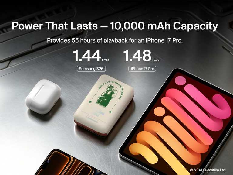Belkin BoostCharge Power Bank 10K with Integrated Cable providing up to 10,000mAh capacity and extended battery life for smartphones and wireless earbuds.