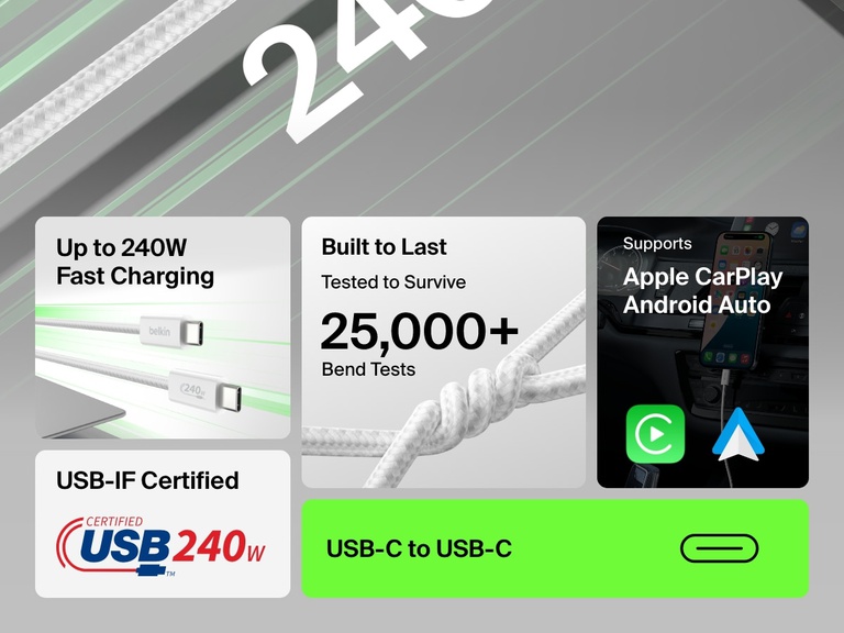 資訊圖重點介紹 Belkin BoostCharge USB-C 至 USB-C 連接線 240W 具備高達 240W 快速充電、通過 25,000 次以上彎折測試、支援 Apple CarPlay 與 Android Auto，以及 USB-IF 認證。