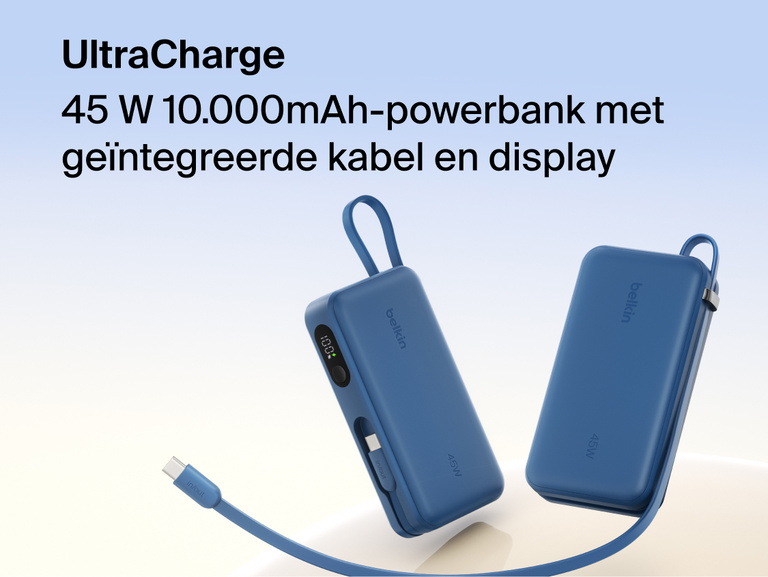 Belkin UltraCharge 10K 45W power bank with integrated cable and digital display showing battery level, designed for fast portable charging.
