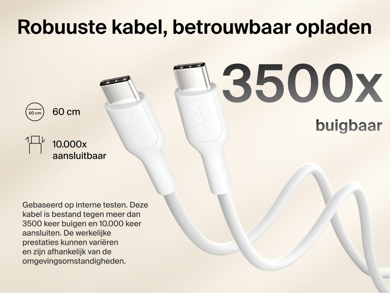 Belkin BoostCharge Slim Magnetic Power Bank 10K USB-C to USB-C cable showing durable design rated for 3500 bends and 10000 plug-ins for reliable charging
