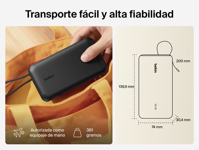 Belkin UltraCharge 20K 45W power bank with integrated cable designed for portable, TSA-approved travel with compact size and reliable on-the-go charging