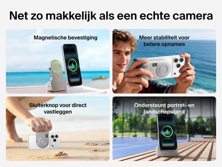 Belkin Stage PowerGrip shown in various scenes demonstrating magnetic snap-on attachment, stable camera-like grip, one-touch shutter, and easy portrait or landscape phone positioning.