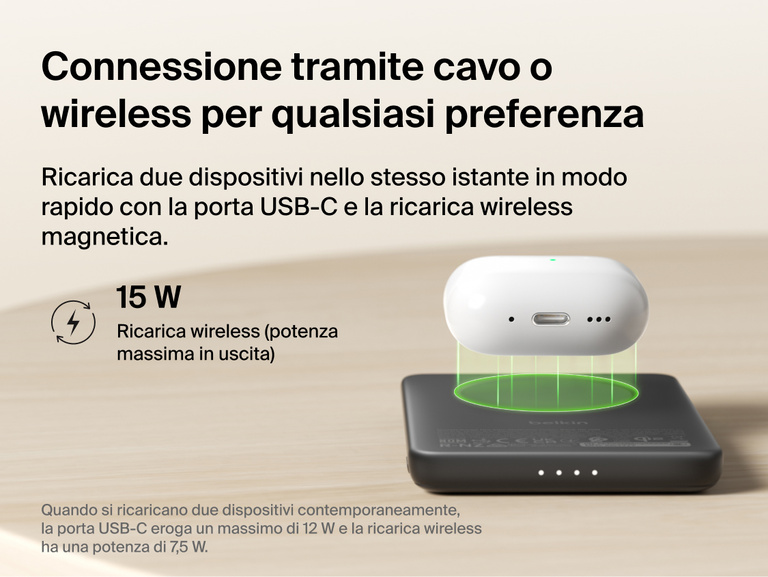 Belkin BoostCharge Slim Magnetic Power Bank 5K with Qi2 providing up to 15W magnetic wireless charging for compatible devices in a slim, portable power bank design.