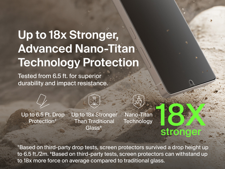 Belkin ScreenForce Titan SmartShield Privacy Filter Screen Protector for Samsung Galaxy S26 showcasing Nano-Titan technology with up to 18x stronger protection than traditional glass and drop protection tested up to 6.5 ft for enhanced durability.