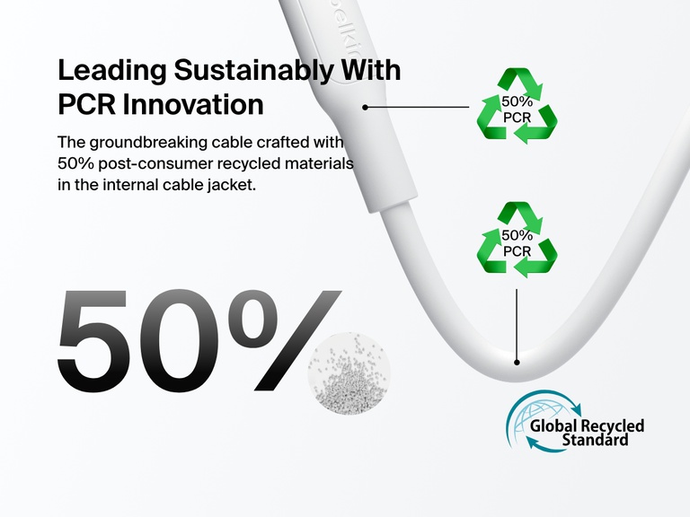 Belkin BoostCharge USB-C to USB-C Cable 240W features Belkin SmartProtect with overcurrent, overload, and short-circuit protection, plus fire-resistant materials for safe, high-power charging.