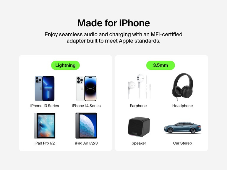 Compatibility chart showcasing the Belkin 3.5mm Audio + Charge RockStar™ as an MFi-certified adapter that supports Lightning devices like iPhone 13/14 series and iPads, and 3.5mm audio accessories such as headphones, earphones, speakers, and car stereos.