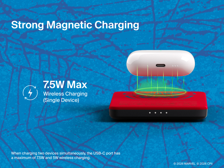 Belkin BoostCharge Slim Magnetic Power Bank 5K shown wirelessly charging earbuds, demonstrating 7.5W max magnetic wireless charging for single-device power.