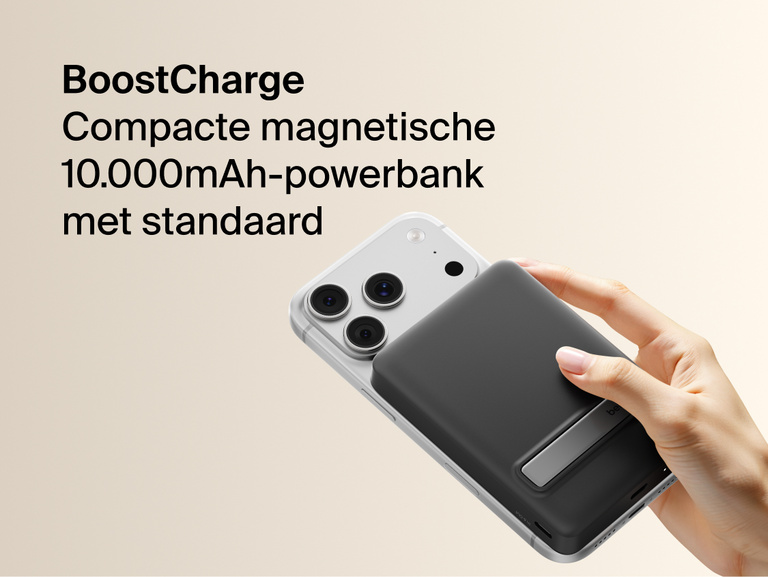 Slim Magnetic Power Bank 10K with Qi2 magnetically attached to smartphone showing integrated kickstand and handheld use