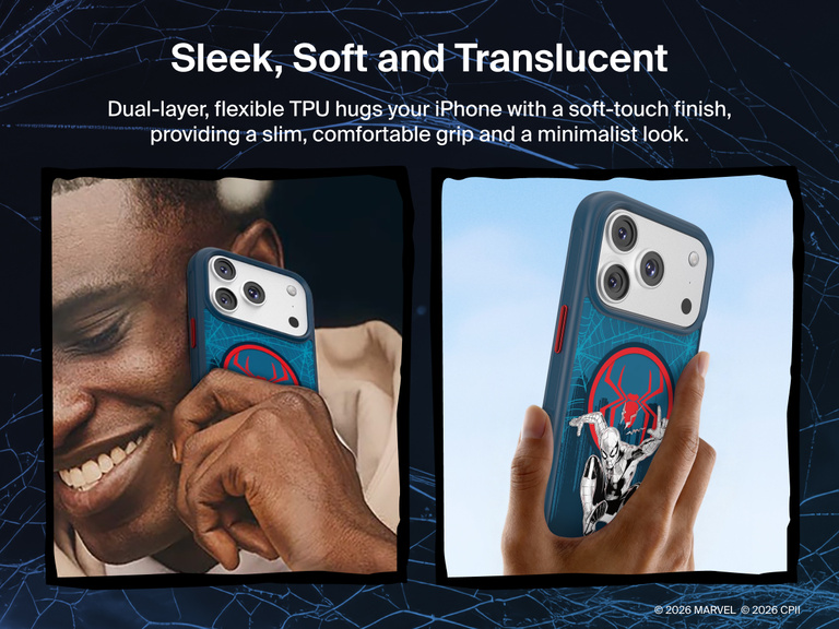 Belkin SheerForce Clear Spider-Man protective iPhone case featuring military-grade drop protection, raised edges, and durable translucent design.