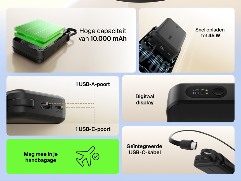 Belkin UltraCharge 10K power bank with 45W fast charging, integrated USB-C cable, digital display, USB-A and USB-C ports, and TSA carry-on approved design.