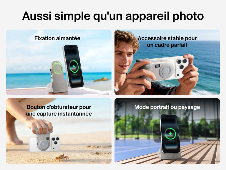 Belkin Stage PowerGrip shown in various scenes demonstrating magnetic snap-on attachment, stable camera-like grip, one-touch shutter, and easy portrait or landscape phone positioning.