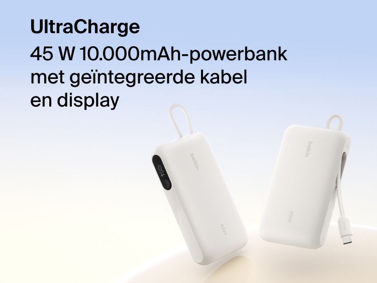Belkin UltraCharge 10K 45W power bank with integrated cable and digital display showing battery level, designed for fast portable charging.