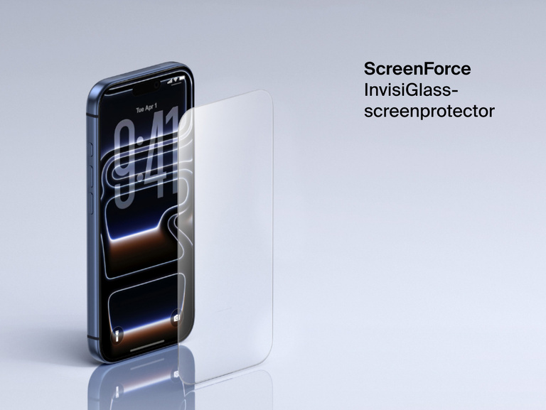 Belkin ScreenForce InvisiGlass-screenprotector voor duurzame kristalheldere bescherming, afgebeeld op een iPhone.