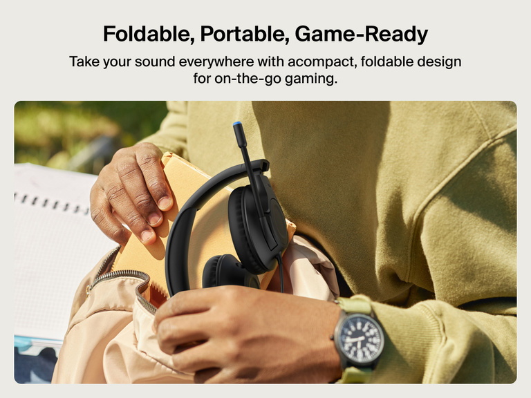 Close-up of a student placing the foldable Belkin Gaming Inspire Wired Kids Headset for Nintendo Switch 2 into a backpack, showcasing its portable, travel-ready design for on-the-go gaming.