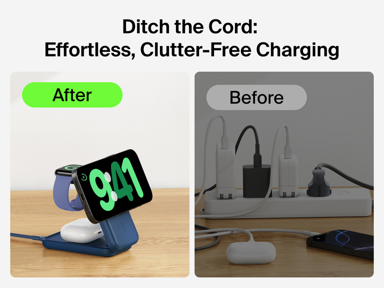 Belkin UltraCharge 3-in-1 Foldable Magnetic Charger with Qi2 25W shown delivering clutter-free charging for multiple devices compared to a tangled wired setup.
