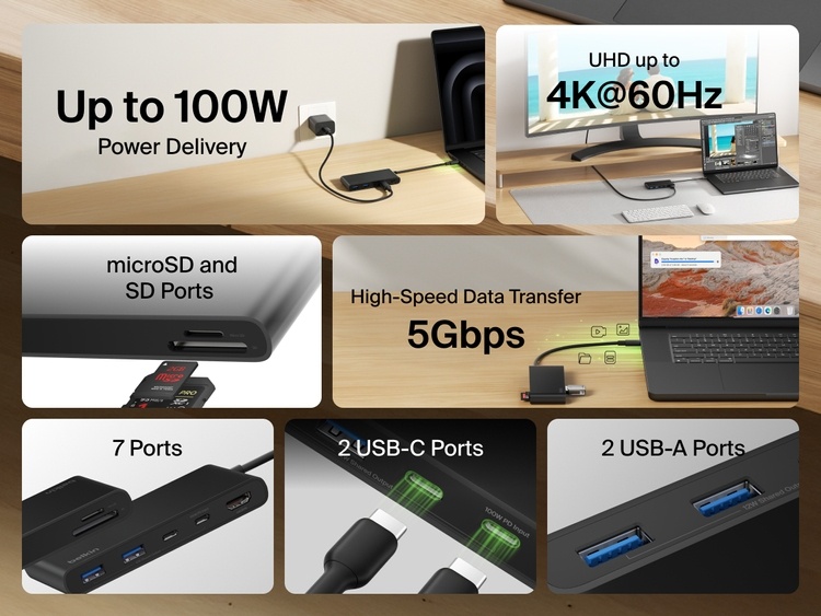 Belkin Connect 7-Port USB-C Hub with Dual USB-C Ports featuring 100W power delivery, 4K HDMI, SD and microSD slots, 5Gbps transfer speed, and multiple USB-C and USB-A ports.