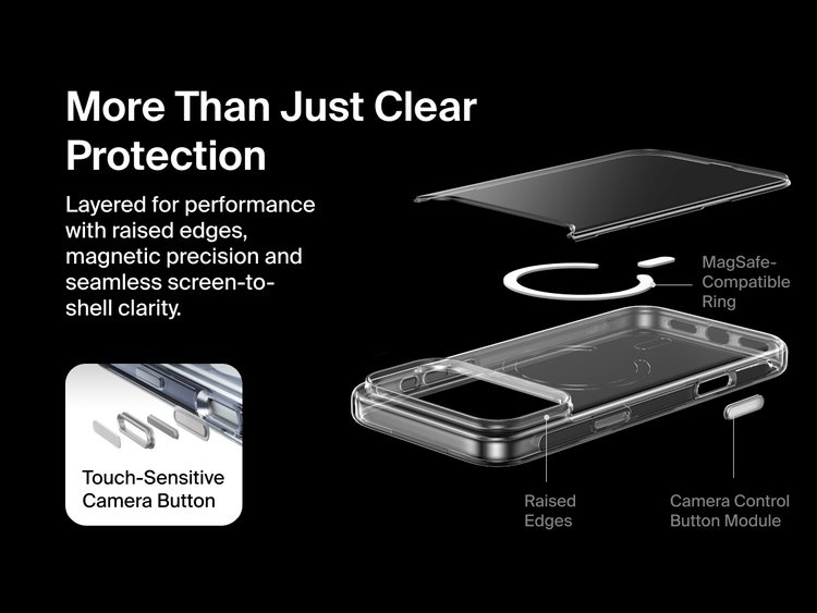 Belkin SheerForce Clear Series Case for iPhone 17 with raised edges, MagSafe-compatible ring, touch-sensitive camera button, and layered clear protection design.