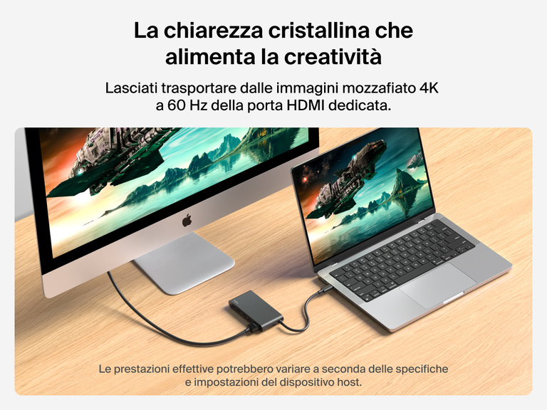Belkin Connect 5-Port USB-C Hub with 4K HDMI delivers stunning 4K@60Hz visuals from a MacBook to an external monitor.