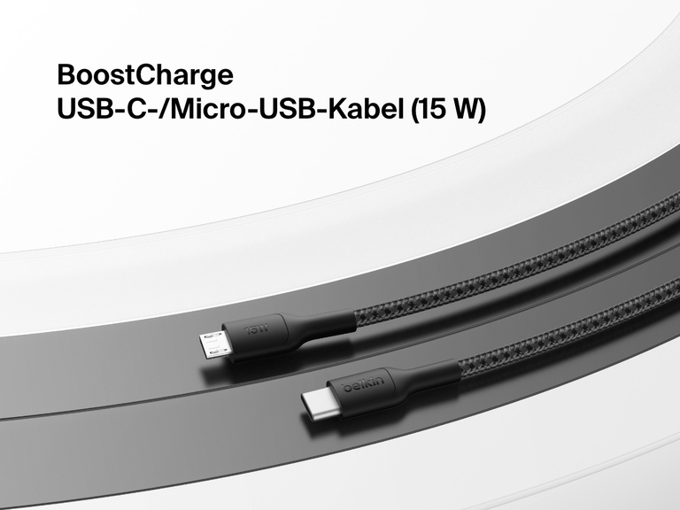 Flat lay of the black Belkin BoostCharge USB-C to Micro-USB Braided Cable 15W with textured finish, shown on a curved monochrome background with product name in bold text.