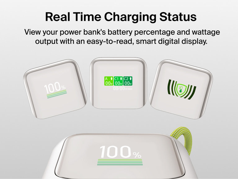 Close-up of the UltraCharge Power Bank 11K with Retractable Cable's smart digital display cycling through battery percentage, wattage output, and temperature status screens