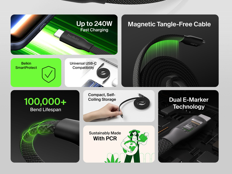 Feature overview highlighting Belkin BoostCharge Pro Magnetic USB-C Cable 240W with up to 240W fast charging, magnetic tangle-free design, 100,000+ bend lifespan, dual E-Marker technology, universal USB-C compatibility, and compact self-coiling storage.