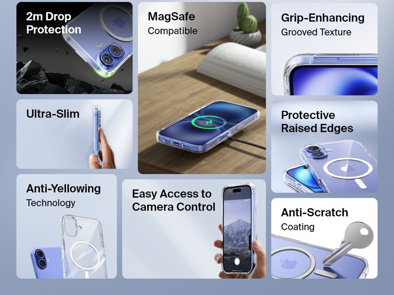 A feature-packed promotional image of the SheerForce™ Magnetic iPhone Case, highlighting its key benefits. The collage showcases its MagSafe compatibility, grip-enhancing grooved texture, protective raised edges, anti-yellowing technology, and anti-scratch coating. It also emphasizes 2m drop protection, ultra-slim design, and easy access to camera control, making it a durable and stylish choice for iPhone users.