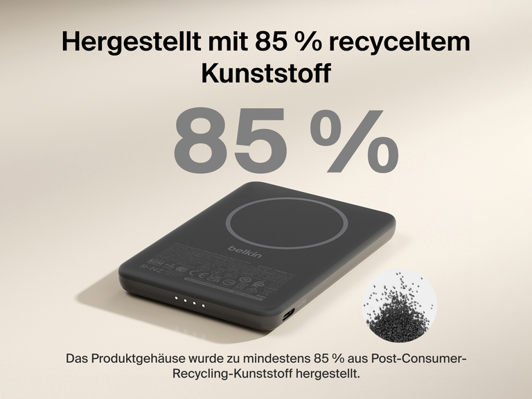 Belkin BoostCharge Slim Magnetic Power Bank 5K shown with text highlighting that its housing is made from 85% post-consumer recycled plastic for sustainable design.