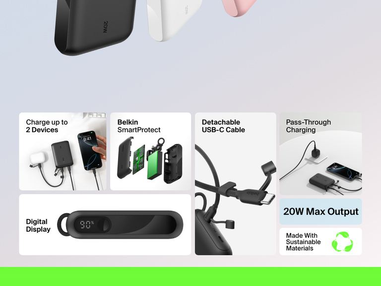 Infographic highlighting key features of the Belkin BoostCharge Power Bank 10K with Display, including 20W output, dual-device charging, digital battery display, detachable USB-C cable, pass-through charging, Belkin SmartProtect, and sustainable materials.