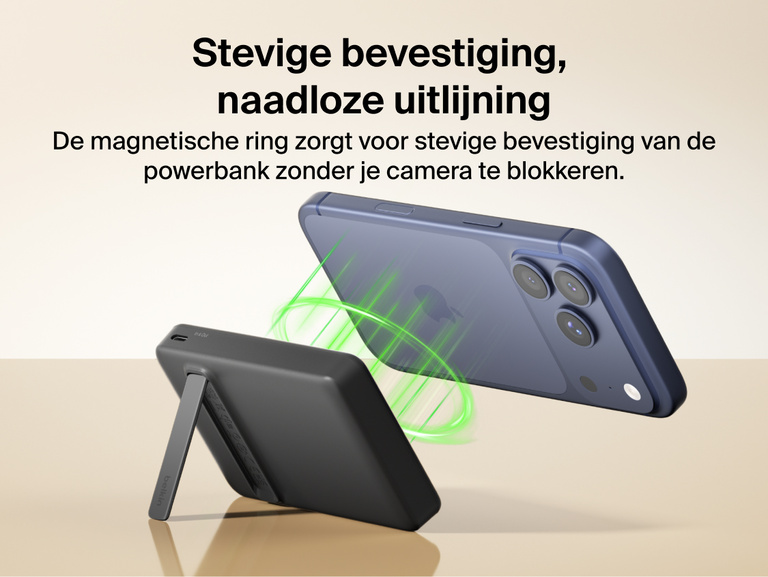 Slim Magnetic Power Bank 10K with Qi2 wirelessly charging smartphone on kickstand with power output indicators