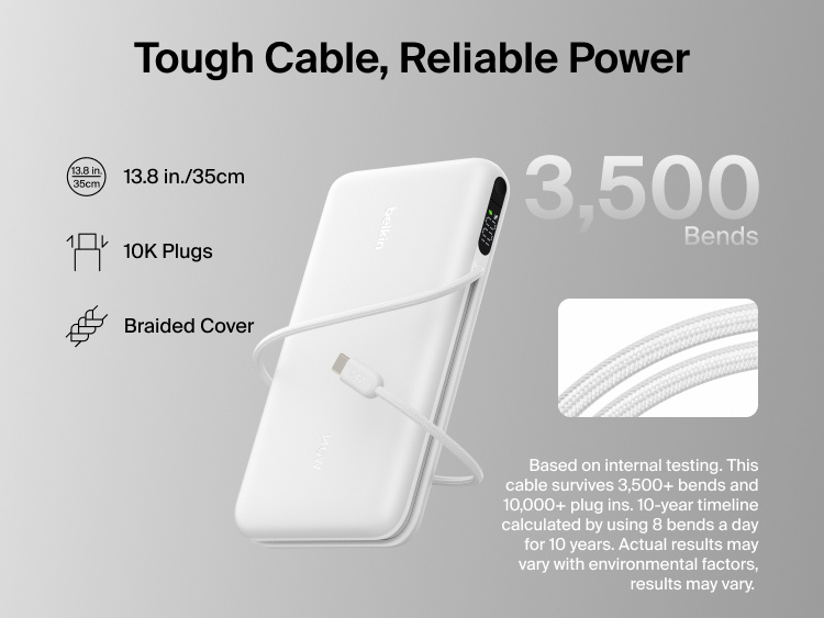 Belkin UltraCharge Pro Laptop Power Bank 25K with durable braided USB-C cable, designed for 3,500 bends and 10,000 plug-ins, delivering reliable high-power charging