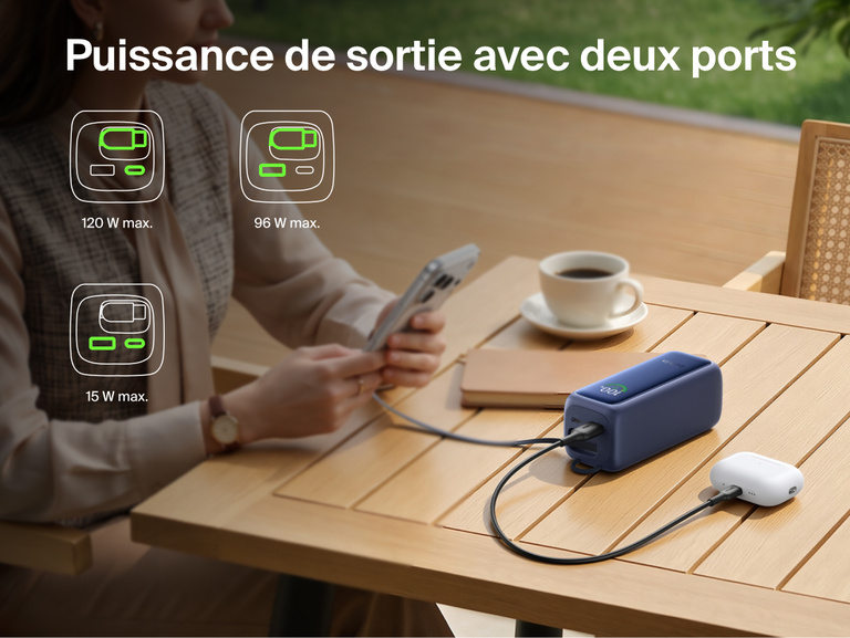 Image d'une batterie externe 22K UltraCharge avec c&acirc;ble r&eacute;tractable rechargeant un t&eacute;l&eacute;phone et un &eacute;tui d'&eacute;couteurs sur une table via deux&nbsp;ports, avec des ic&ocirc;nes indiquant les diff&eacute;rentes combinaisons de puissance disponibles.