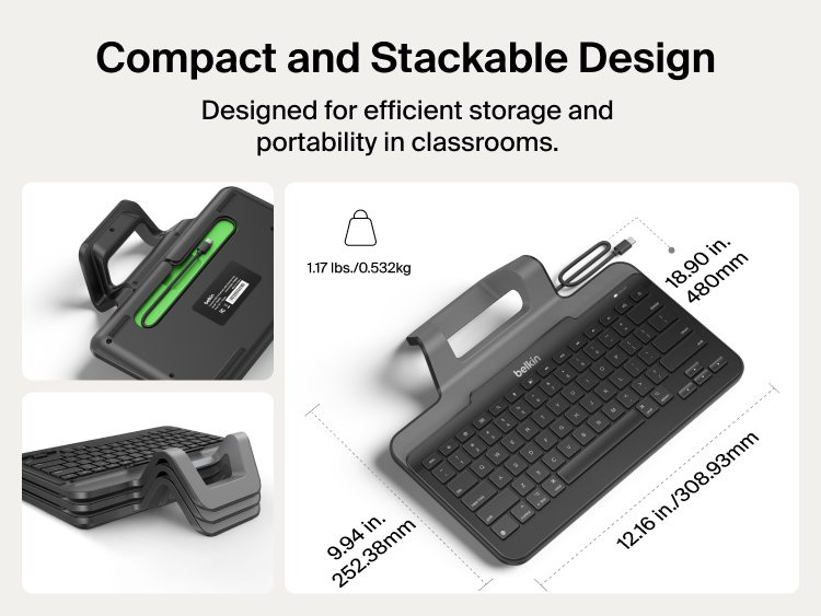 Connect USB-C Keyboard with Stand for iPad shown with dimensions of 18.90 x 12.16 x 9.94 in and weight of 1.17 lbs, alongside a stacked view of multiple units and a close-up of the integrated carry handle with cable storage channel