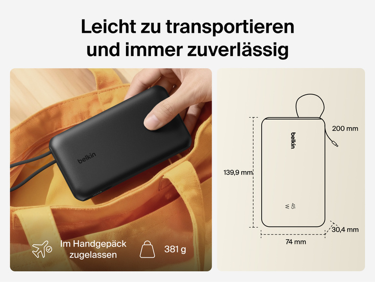 Belkin UltraCharge 20K 45W power bank with integrated cable designed for portable, TSA-approved travel with compact size and reliable on-the-go charging