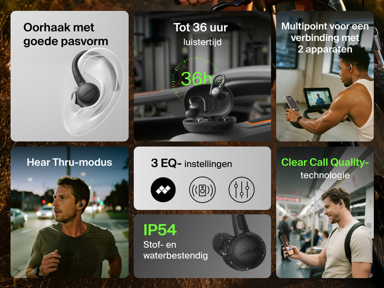 Belkin SoundForm ActiveFit Wireless Earbuds with up to 36h battery life, secure ear hook, IP54 dust and water resistance, Hear-Thru mode, multipoint connection, 3 EQ presets, and clear call quality.
