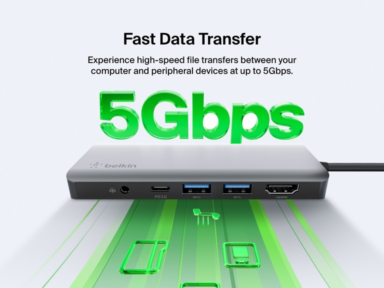 Image of the Belkin Connect USB-C 7-in-1 Multiport Hub emphasizing 5Gbps fast data transfer speed between a computer and peripheral devices, with ports labeled for connectivity.
