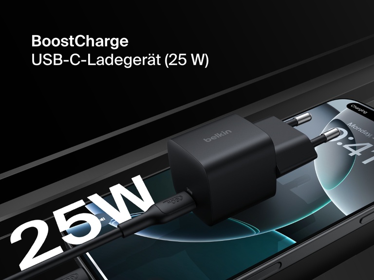 Belkin BoostCharge USB-C Wall Charger 25W shown plugged into a smartphone, highlighting its compact design and fast charging capability.