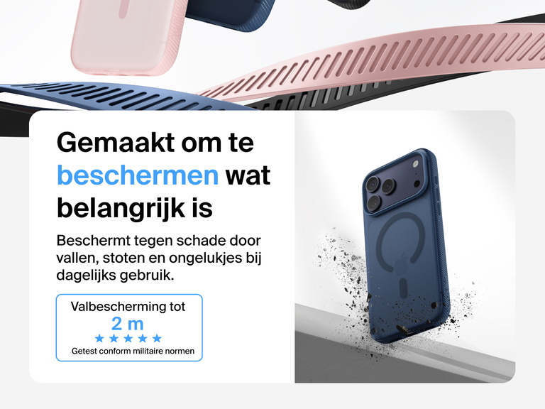 Belkin SheerForce Grip Series Case for iPhone 17 shown with textured grip and impact protection against drops.