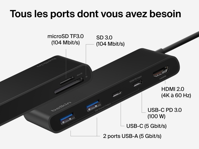 Belkin Connect 7-Port USB-C Hub with Dual USB-C Ports showing HDMI, USB-C PD, USB-A, SD, and microSD slots labeled with speeds and power output.