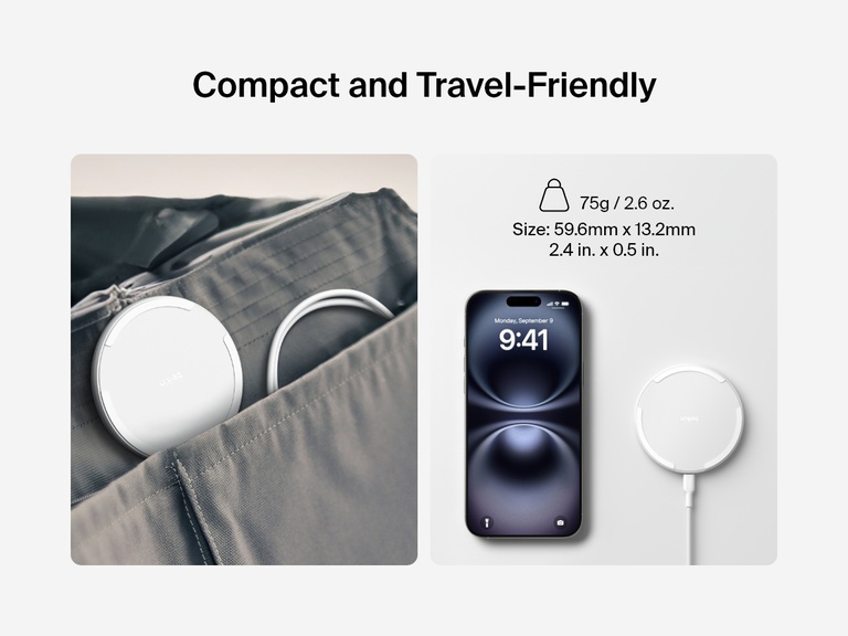 A white Belkin BoostCharge Wireless Charging Pad 15W is shown as a compact and travel-friendly device, fitting into a bag pocket, alongside its dimensions (59.6mm x 13.2mm or 2.4 in. x 0.5 in.) and weight (75g or 2.6 oz.), displayed next to an iPhone for scale.