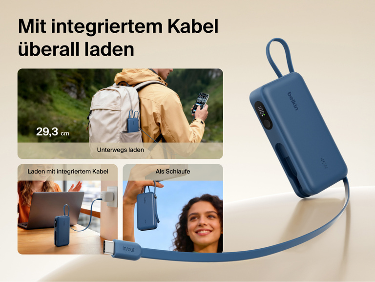 Belkin UltraCharge 10K power bank with integrated USB-C cable and digital display designed for portable charging, recharging, and convenient carry on the go