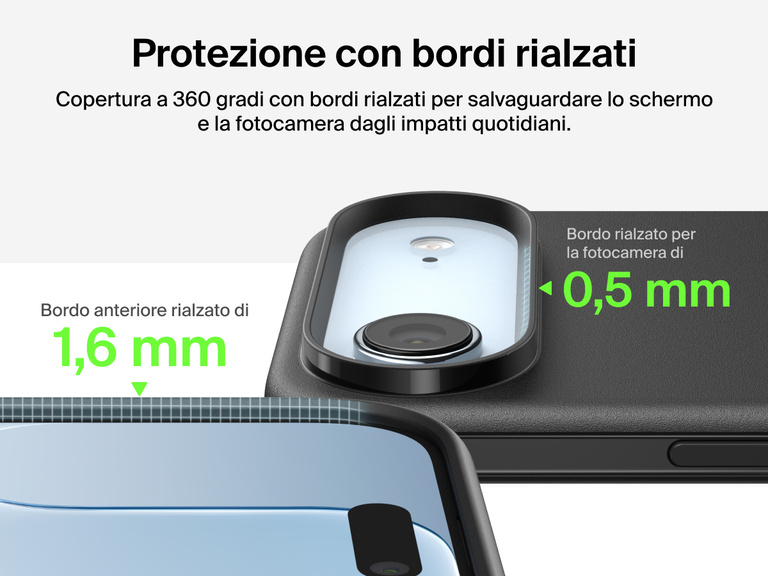 Immagine della custodia Belkin SheerForce Protect Series per iPhone 17 con design dei bordi rialzati e protezione dalle cadute di grado militare (fino a 4 metri).
