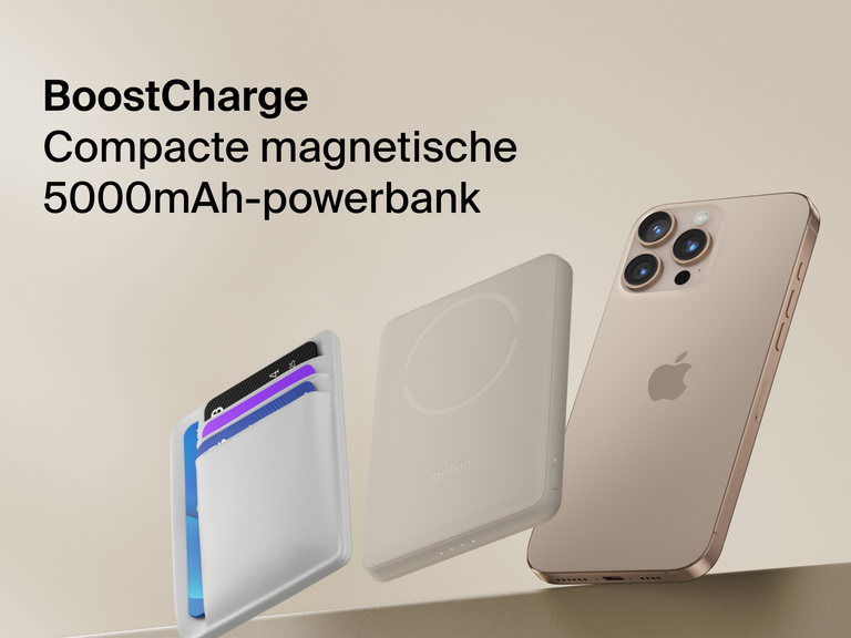 Belkin BoostCharge Slim Magnetic Power Bank 5K shown magnetically attached to a smartphone beside a slim wallet accessory, highlighting its compact portable charging design.