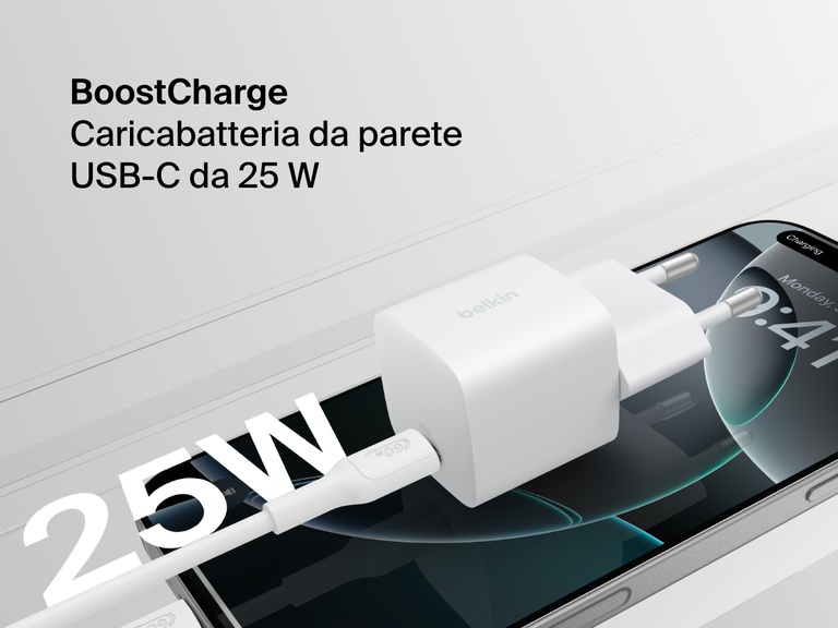 Belkin BoostCharge USB-C Wall Charger 25W shown plugged into a smartphone, highlighting its compact design and fast charging capability.