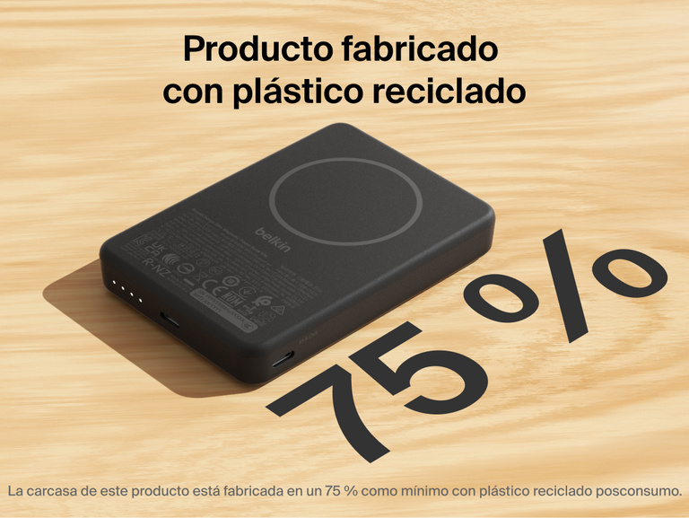 Belkin BoostCharge Slim Magnetic Power Bank 10K highlighting 75% post-consumer recycled plastic housing with slim magnetic design and USB-C ports